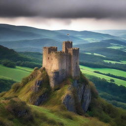 Crie uma capa com um castelo em cima de uma montanha íngreme cercado por muralhas de pedra