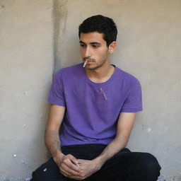 A 25-year-old Iranian Muslim boy wearing a purple t-shirt and black pants, sitting behind a wall and smoking a cigarette.