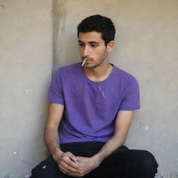 A 25-year-old Iranian Muslim boy wearing a purple t-shirt and black pants, sitting behind a wall and smoking a cigarette.