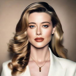 A detailed portrait of Amber Heard, capturing her elegant and sophisticated look with a serene background