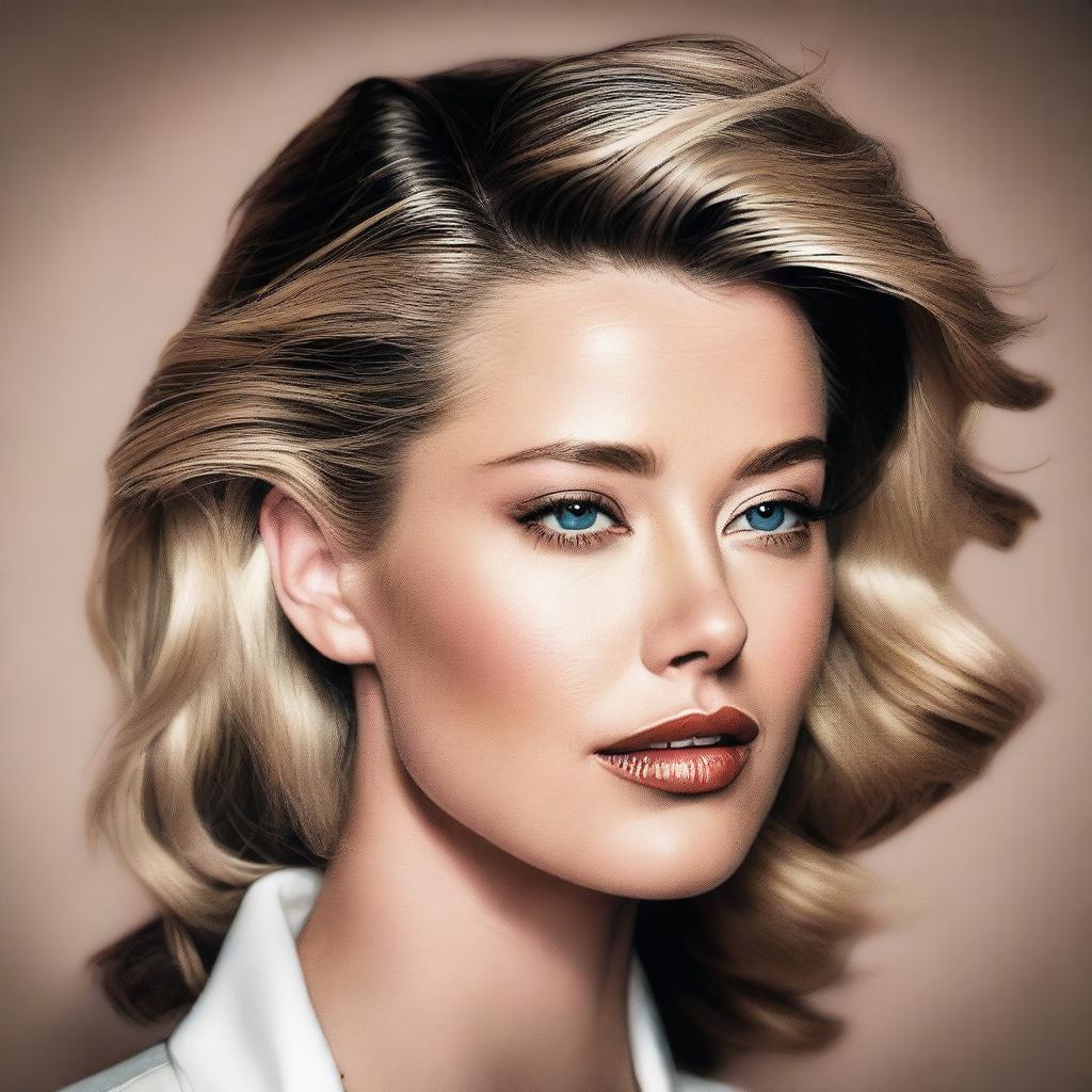 A detailed portrait of Amber Heard, capturing her elegant and sophisticated look with a serene background