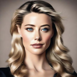 A detailed portrait of Amber Heard, capturing her elegant and sophisticated look with a serene background