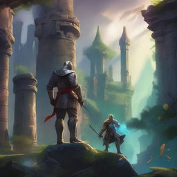 A majestic scene of sword and sorcery, featuring a brave knight wielding a glowing sword, standing against a backdrop of a mystical forest with ancient ruins and magical creatures