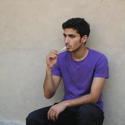 A 25-year-old Iranian Muslim boy wearing a purple t-shirt and black pants, sitting behind a wall and smoking a cigarette.