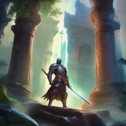 A majestic scene of sword and sorcery, featuring a brave knight wielding a glowing sword, standing against a backdrop of a mystical forest with ancient ruins and magical creatures