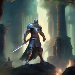 A majestic scene of sword and sorcery, featuring a brave knight wielding a glowing sword, standing against a backdrop of a mystical forest with ancient ruins and magical creatures