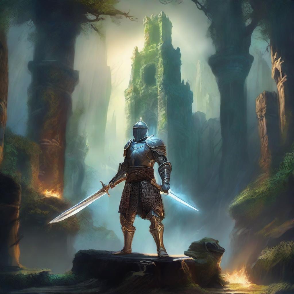 A majestic scene of sword and sorcery, featuring a brave knight wielding a glowing sword, standing against a backdrop of a mystical forest with ancient ruins and magical creatures