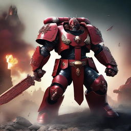 A Goliath warrior holding a gun in one hand and a sword in the other, wearing heavy red armor reminiscent of a Warhammer Space Marine