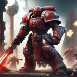 A Goliath warrior holding a gun in one hand and a sword in the other, wearing heavy red armor reminiscent of a Warhammer Space Marine