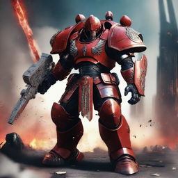 A Goliath warrior holding a gun in one hand and a sword in the other, wearing heavy red armor reminiscent of a Warhammer Space Marine