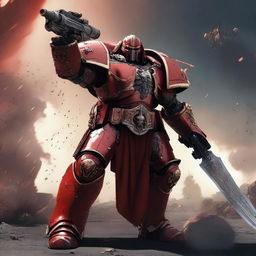 A Goliath warrior holding a gun in one hand and a sword in the other, wearing heavy red armor reminiscent of a Warhammer Space Marine