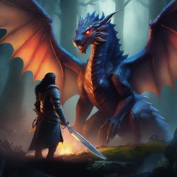 A fierce warrior stands ready, facing a menacing dragon