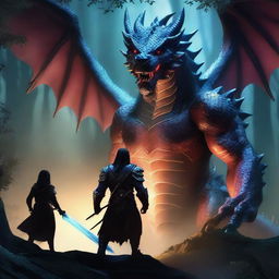 A fierce warrior stands ready, facing a menacing dragon