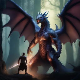 A fierce warrior stands ready, facing a menacing dragon