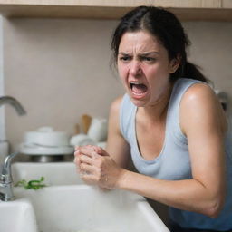 An intensified scenario where the woman, washing dishes, seethes with extreme anger, her face flushed with emotion, her grip on the dishware tightened