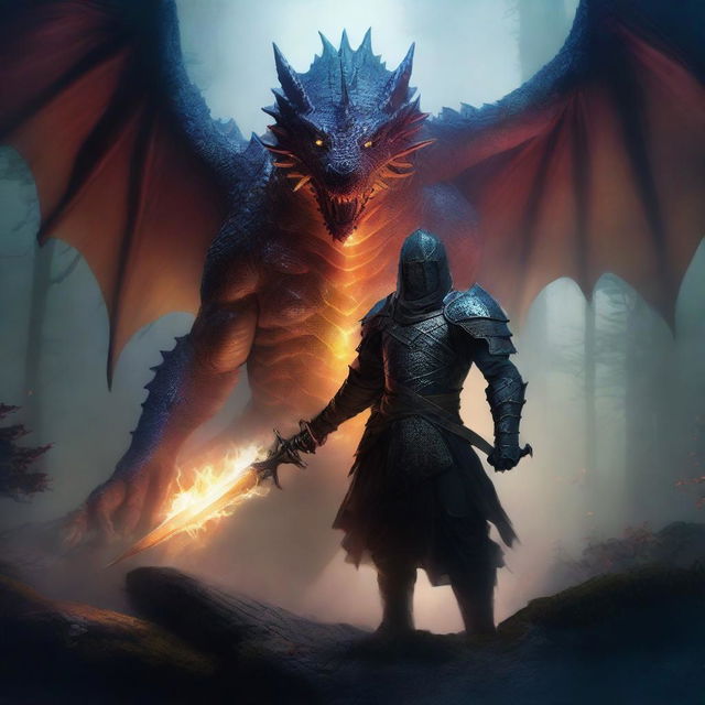 A fierce warrior stands ready, facing a menacing dragon