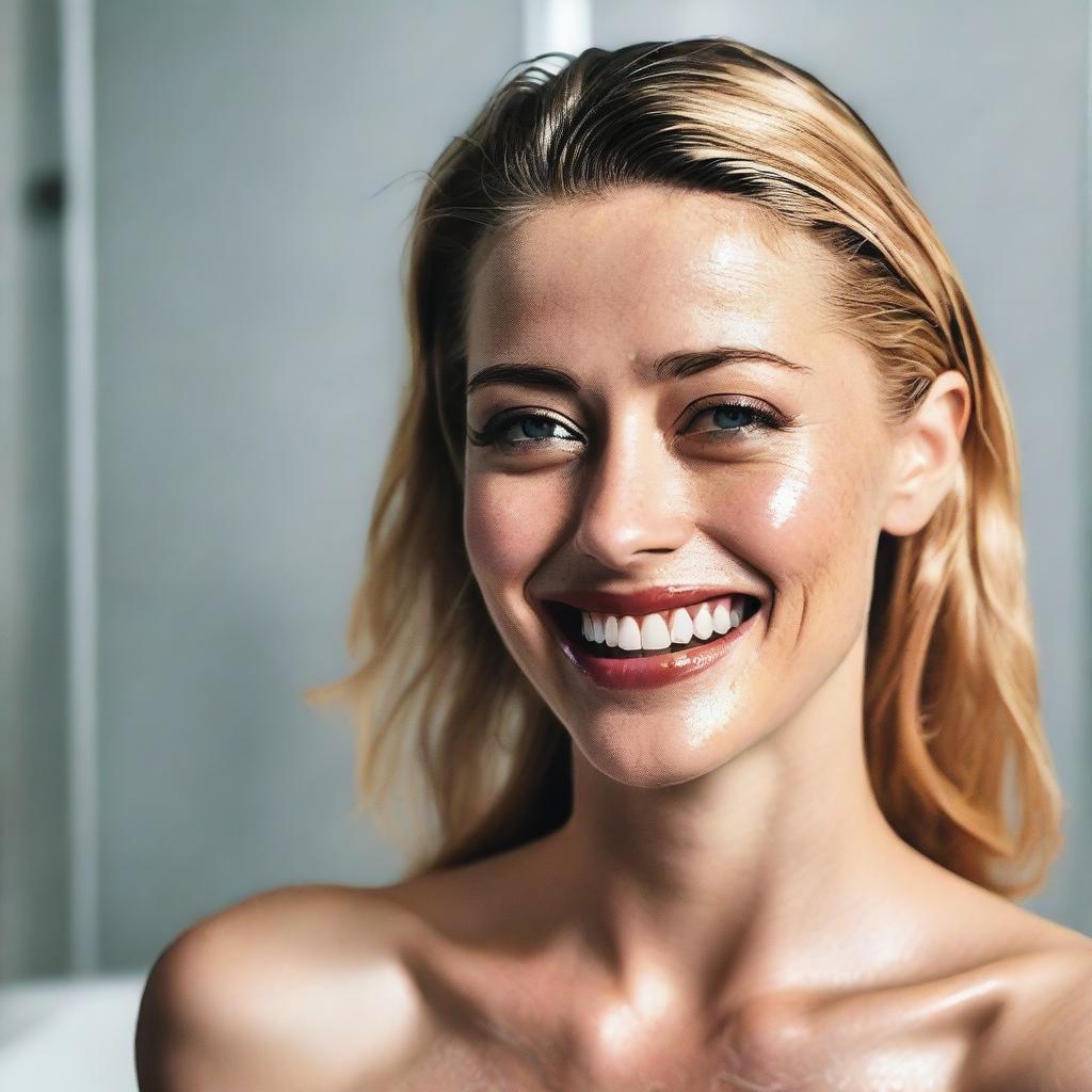 Amber Heard with wet hair covered in shampoo, smiling and looking satisfied