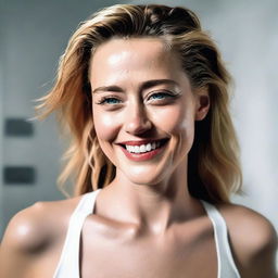 Amber Heard with wet hair covered in shampoo, smiling and looking satisfied