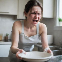 An intensified scenario where the woman, washing dishes, seethes with extreme anger, her face flushed with emotion, her grip on the dishware tightened