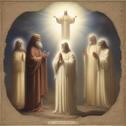 A group of humans are depicted praying with a divine figure above them presenting two choices