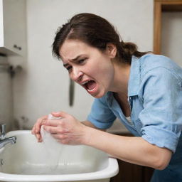 An intensified scenario where the woman, washing dishes, seethes with extreme anger, her face flushed with emotion, her grip on the dishware tightened