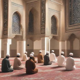 A serene scene depicting Muslims praying in a mosque