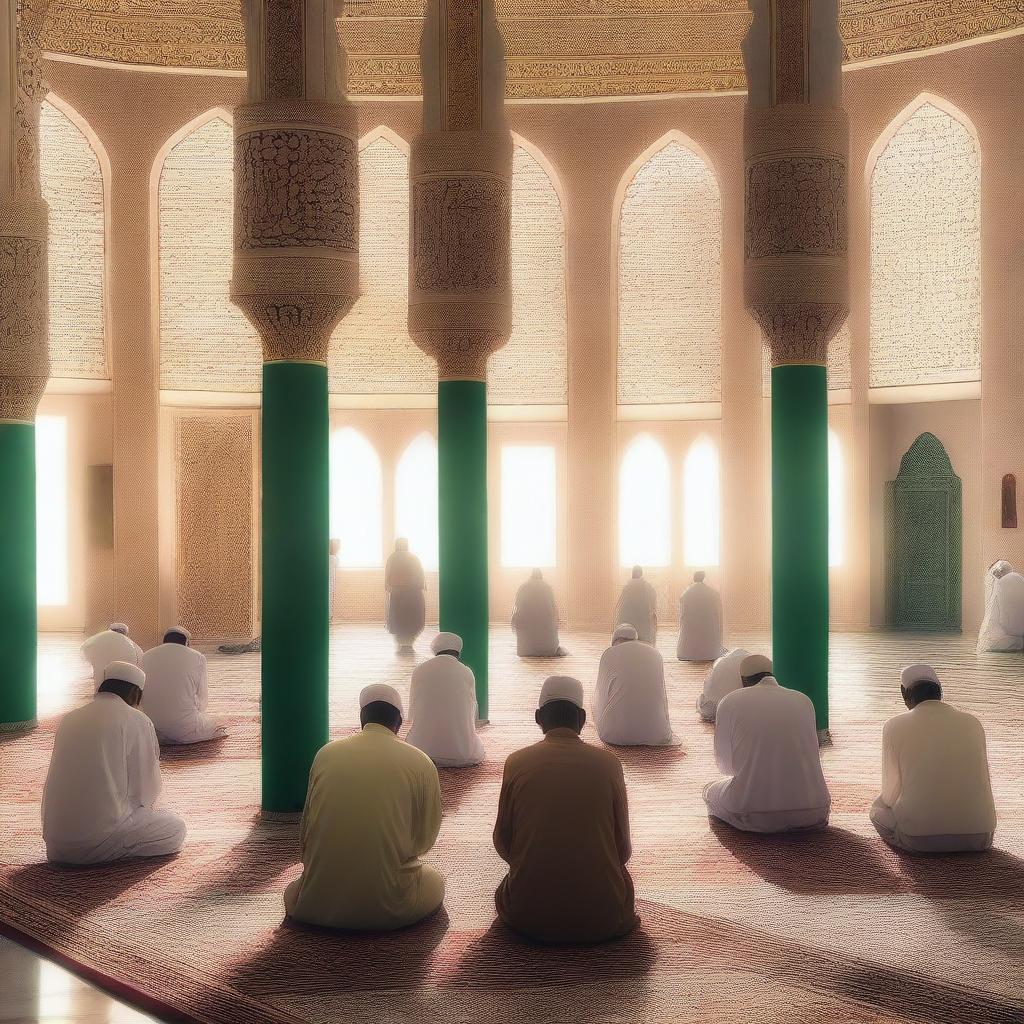 A serene scene depicting Muslims praying in a mosque