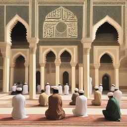 A serene scene depicting Muslims praying in a mosque