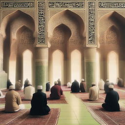 A serene scene depicting Muslims praying in a mosque