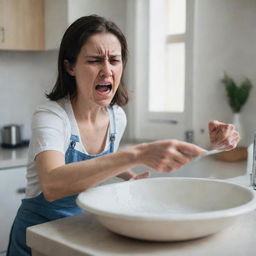 An intensified scenario where the woman, washing dishes, seethes with extreme anger, her face flushed with emotion, her grip on the dishware tightened