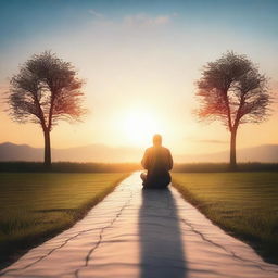 A serene scene depicting a person praying with two paths diverging in front of them, symbolizing two life choices