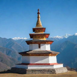 A traditional Bhutan chhorten, or Buddhist stupa, standing tall against a backdrop of the Himalayan mountains under a clear blue sky.