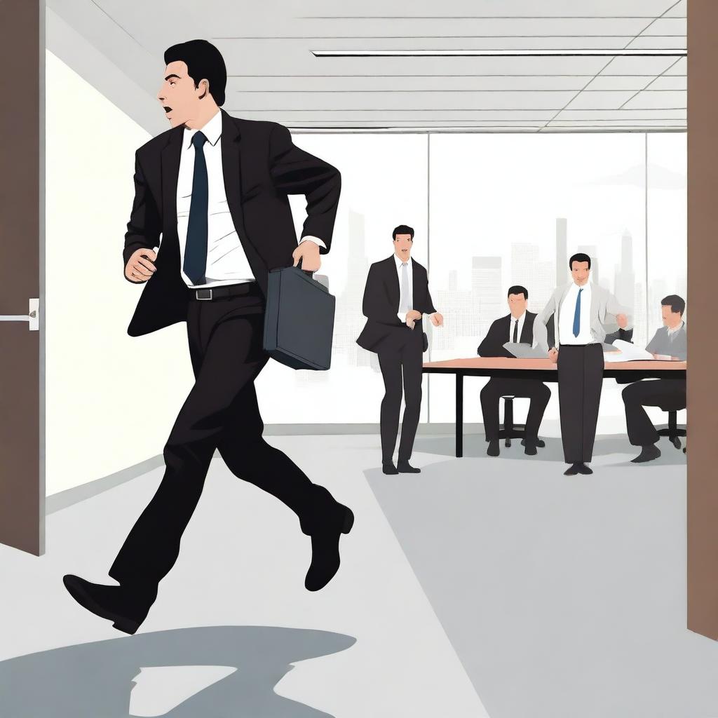 A man is running away from a meeting room