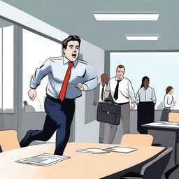 A man is running away from a meeting room