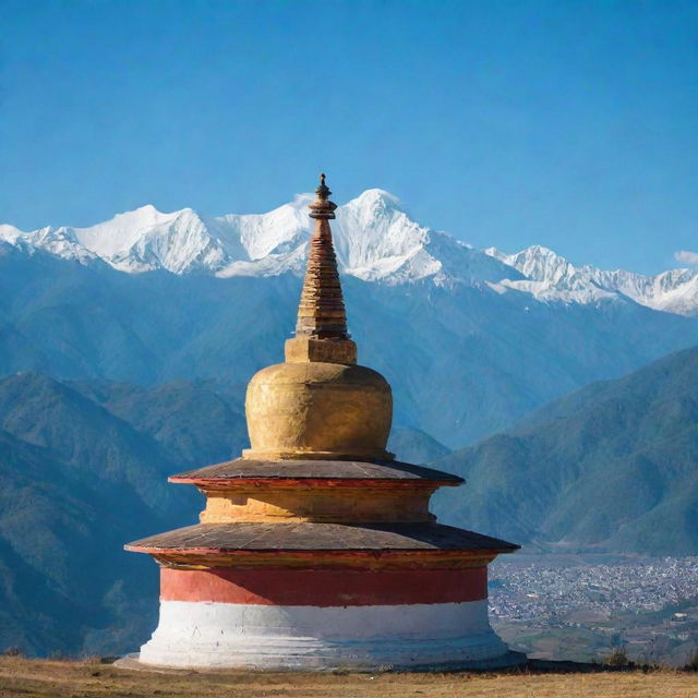 A traditional Bhutan chhorten, or Buddhist stupa, standing tall against a backdrop of the Himalayan mountains under a clear blue sky.