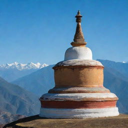 A traditional Bhutan chhorten, or Buddhist stupa, standing tall against a backdrop of the Himalayan mountains under a clear blue sky.