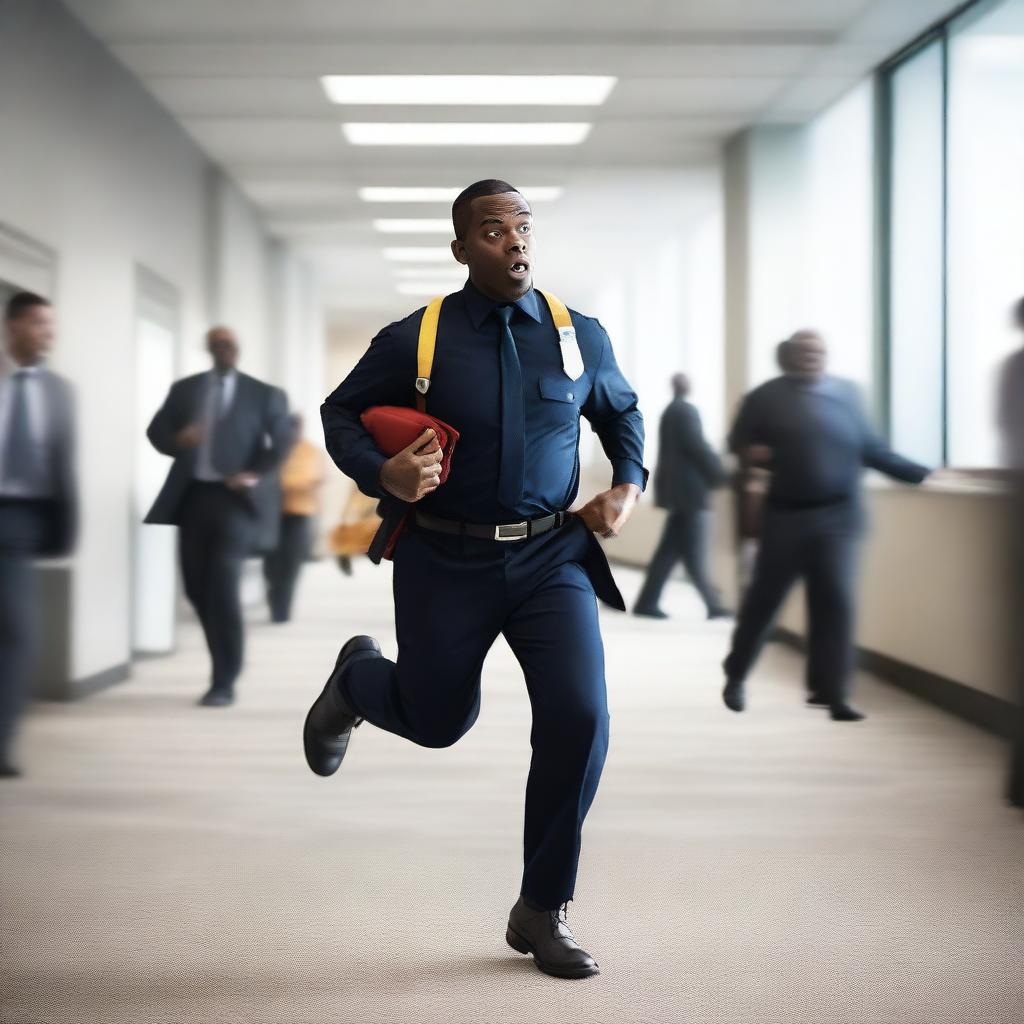 A Black man dressed in a firefighter uniform is running away from a meeting room