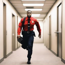 A Black man dressed in a firefighter uniform is running away from a meeting room