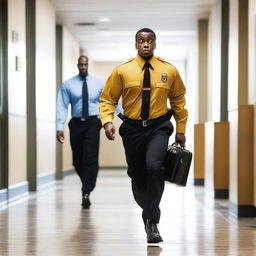 A Black man dressed in a firefighter uniform is running away from a meeting room