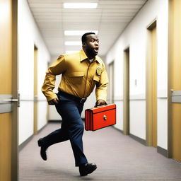 A Black man dressed in a firefighter uniform is running away from a meeting room