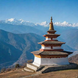 A traditional Bhutan chhorten, or Buddhist stupa, standing tall against a backdrop of the Himalayan mountains under a clear blue sky.