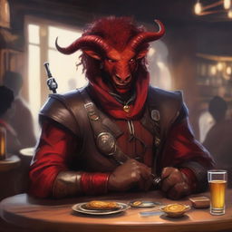 A handsome red tiefling with a black afro, smiling in a lively tavern