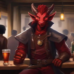 A handsome red tiefling with a black afro, smiling in a lively tavern