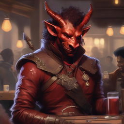 A handsome red tiefling with a black afro, smiling in a lively tavern