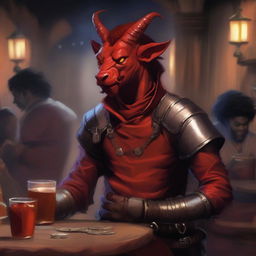 A handsome red tiefling with a black afro, smiling in a lively tavern