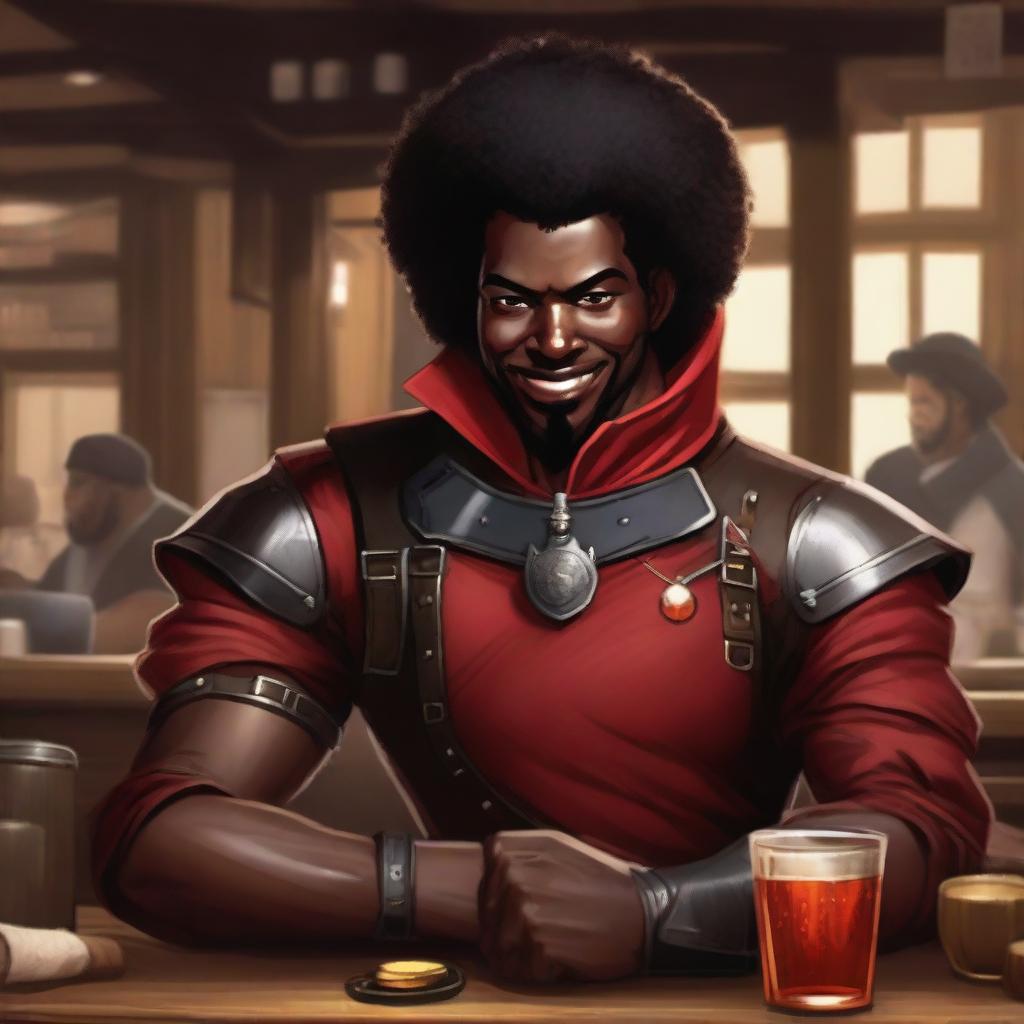 A handsome red devil man with a black afro, smiling warmly in a bustling tavern