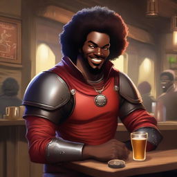 A handsome red devil man with a black afro, smiling warmly in a bustling tavern