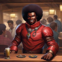 A handsome red devil man with a black afro, smiling warmly in a bustling tavern