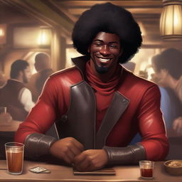 A handsome red devil man with a black afro, smiling warmly in a bustling tavern