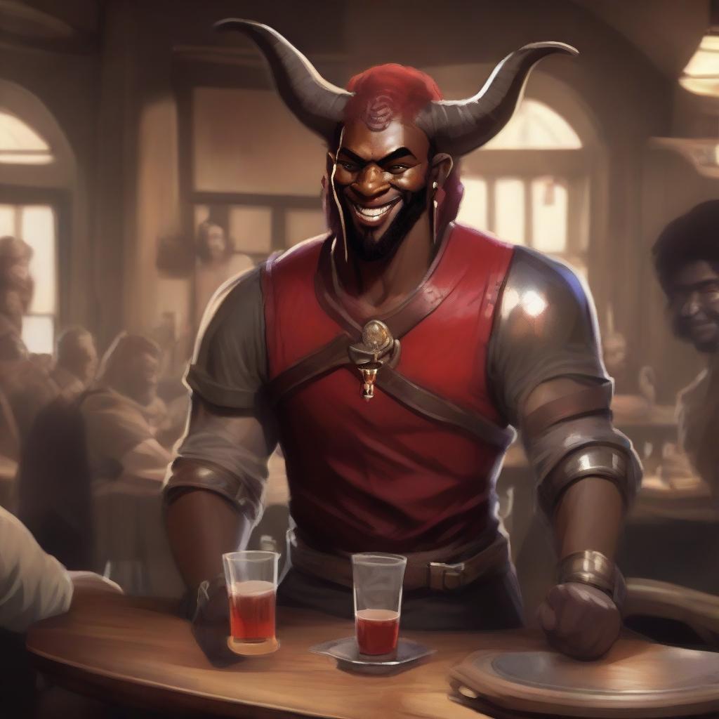 A handsome red-skinned man with horns, one of which is broken, smiling in a lively tavern